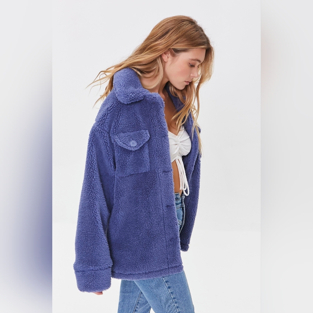 Forever 21 Plush Teddy Shacket Jacket Coat Blue Sherpa Fleece Button-Front Sz L